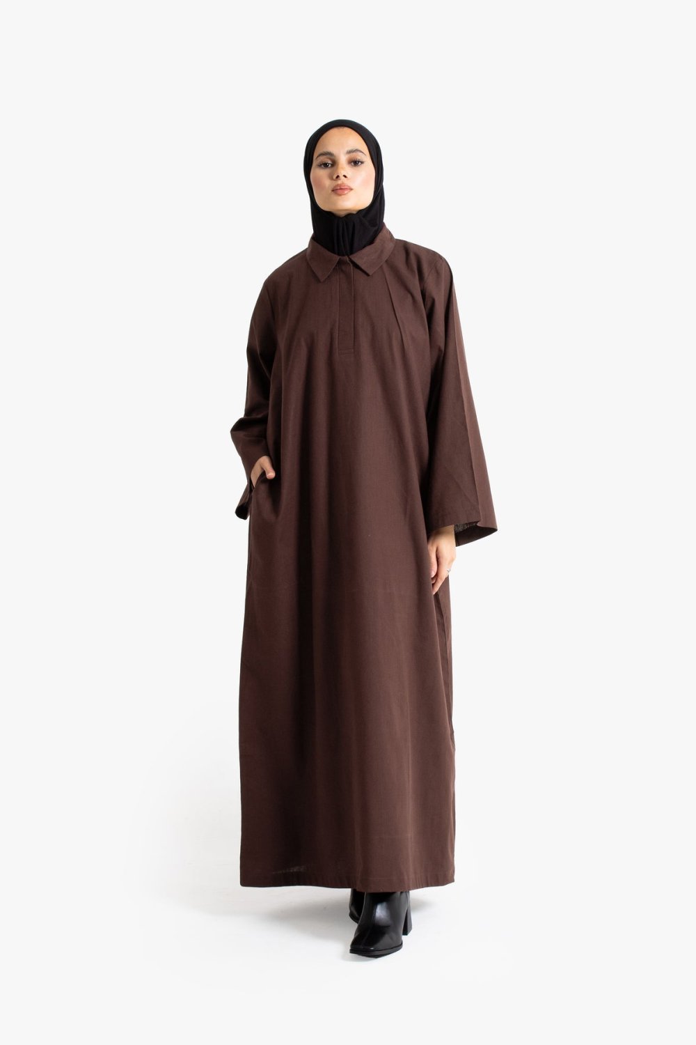 Abaya b col chemise, coton m7bbeb - 9ehwi