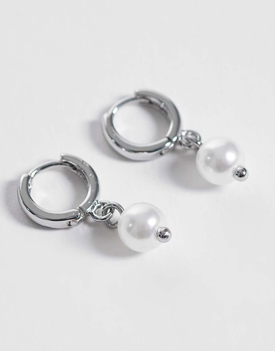 Silver huggie hoop drop earrings with faux pearls