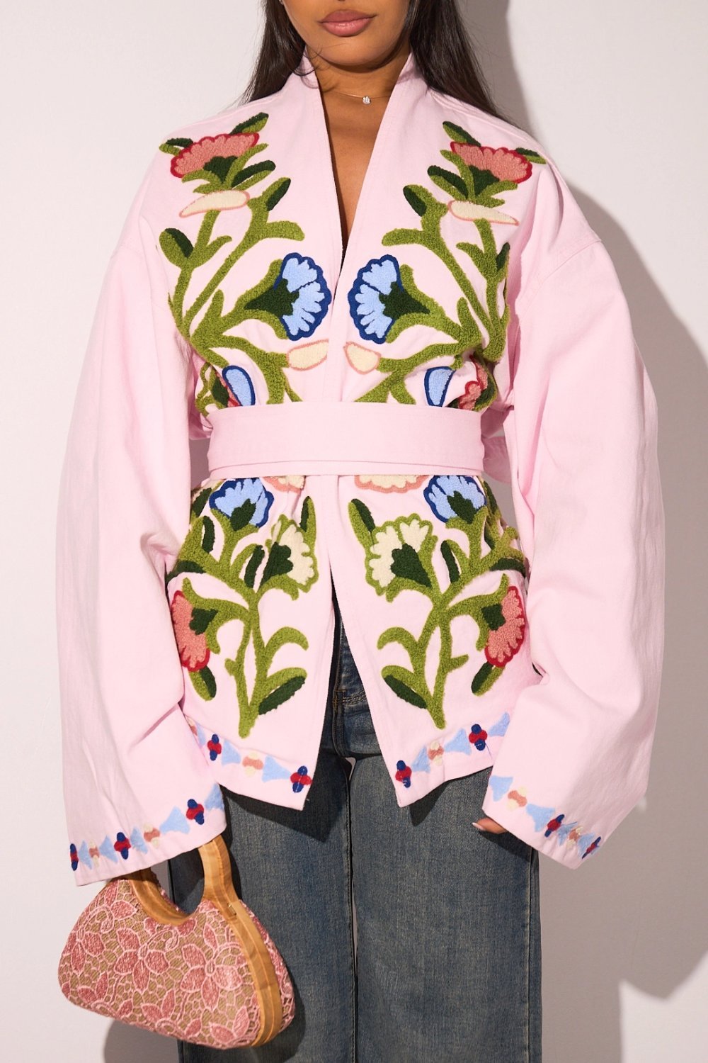 Pink belted kimono jacket with floral embroidery