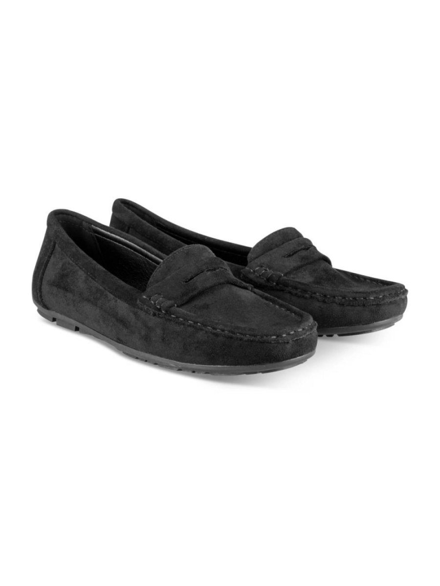 Black faux suede loafers with strap