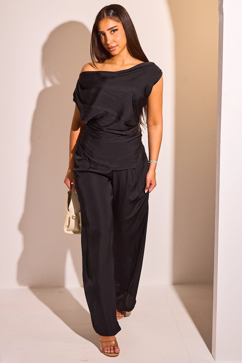 Asymmetric cowl-neck top and trousers set, black