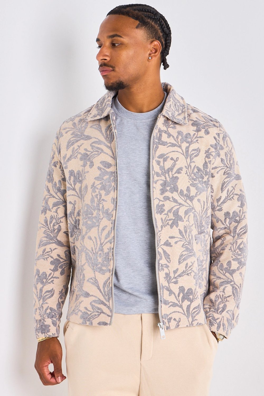 Grey washed-effect jacket with floral pattern