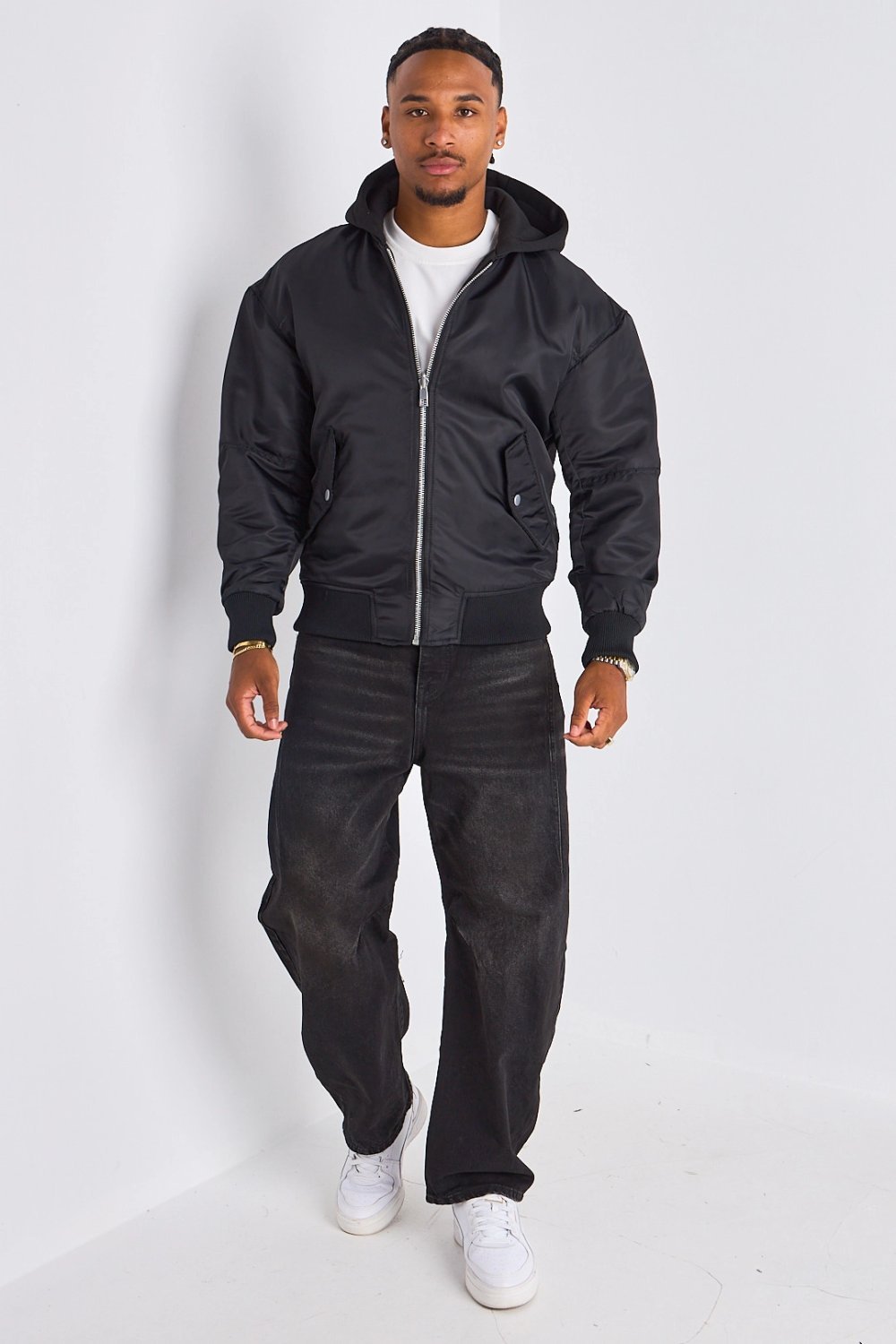 Black reversible hooded bomber jacket