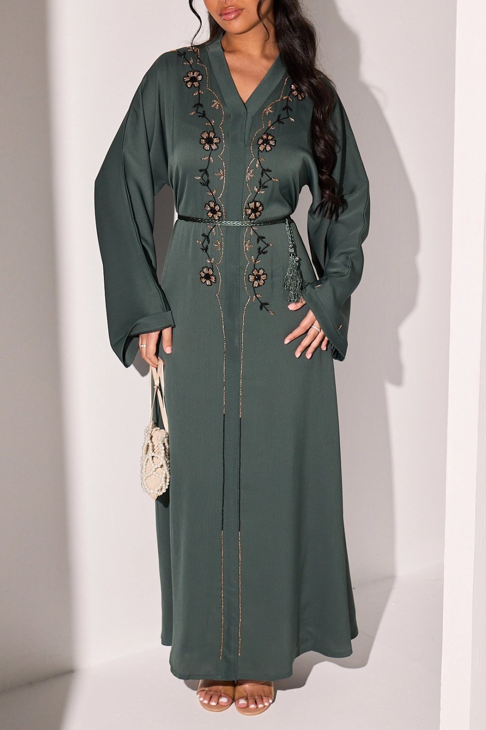 Abaya à strass en fleurs vert-gris
