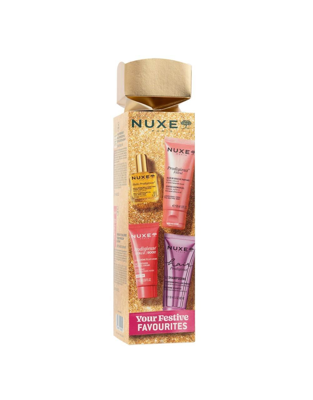 Festive set of 4 travel-size body, face, hair products