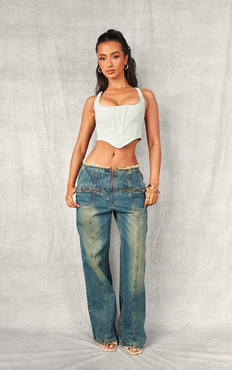 Bleach wash denim seam detail corset - Petite