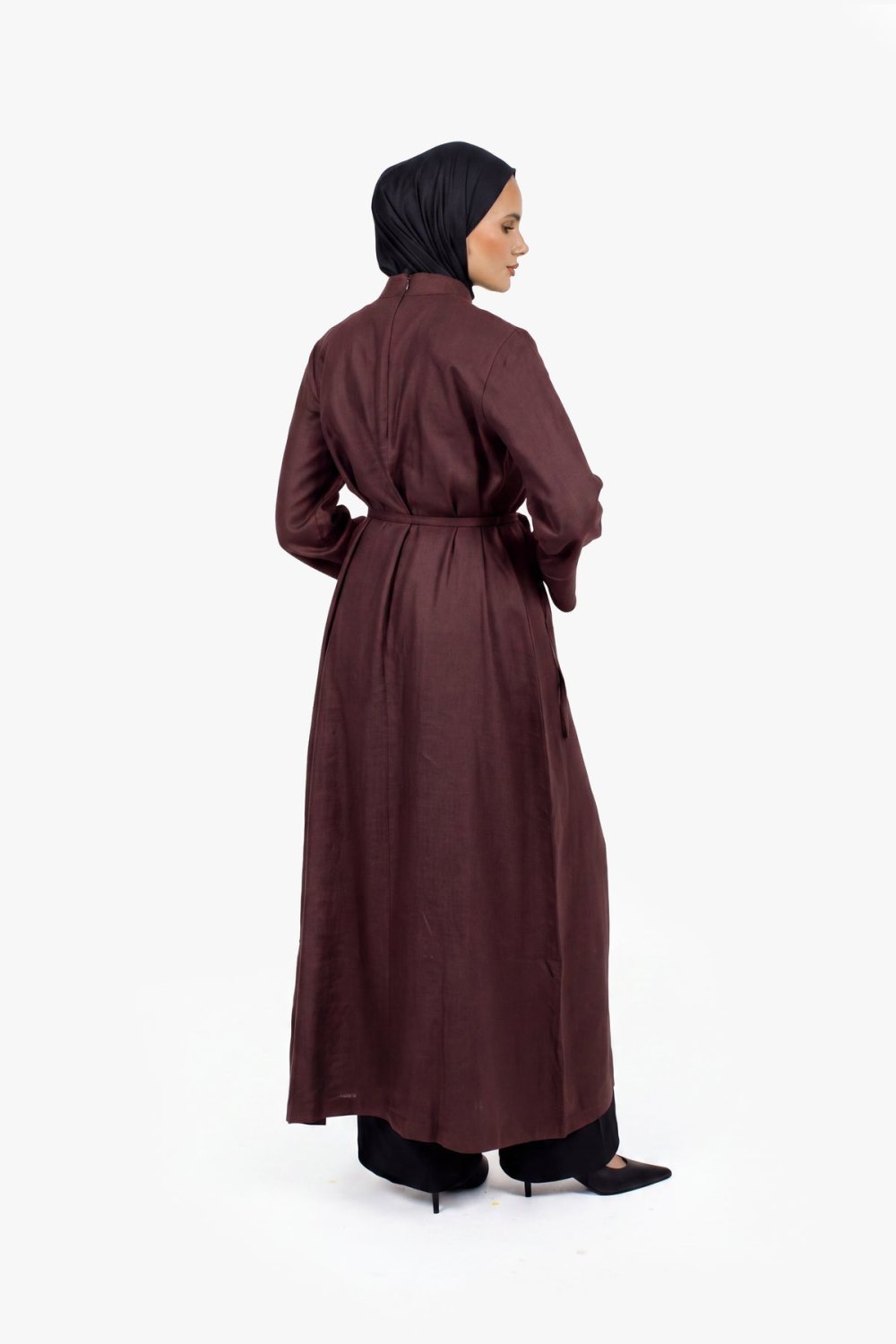 Robe longue fendue en lin et coton - Chocolat