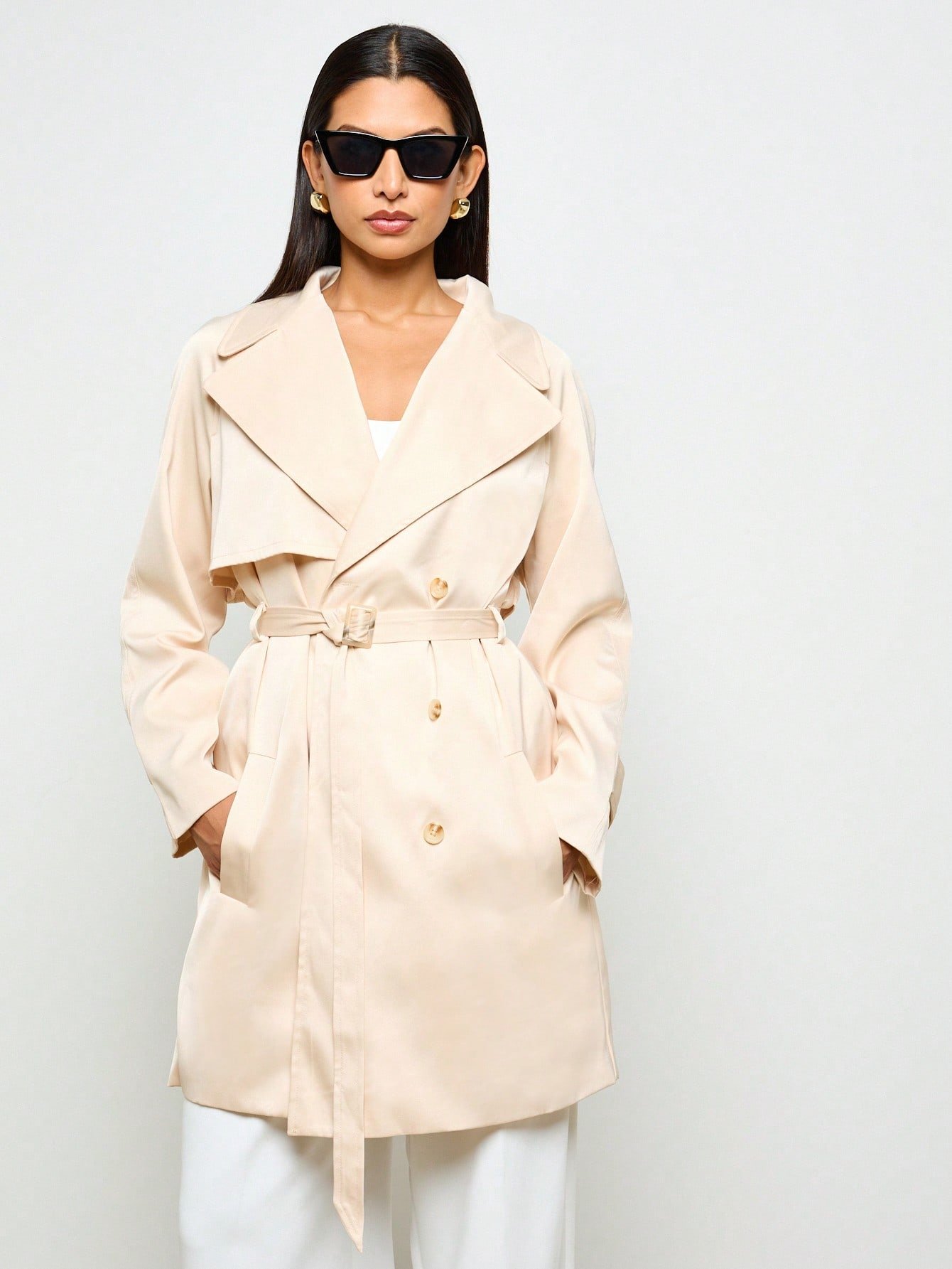 Trench-coat f satin b ceinture w double boutonnage