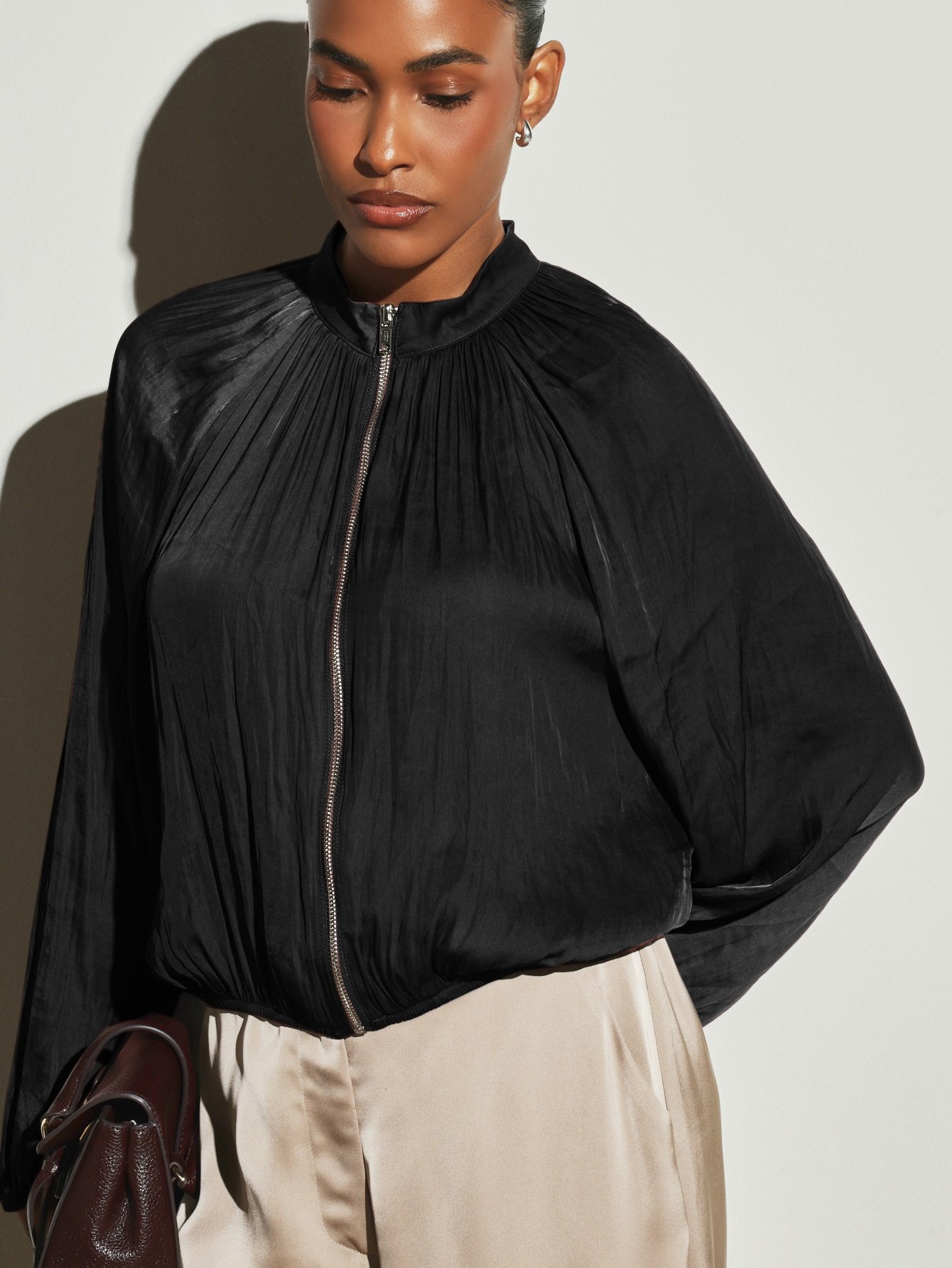 Veste Bomber En Satin Avec Encolure Froncée Fermeture Éclair Complète Ourlet Élastique