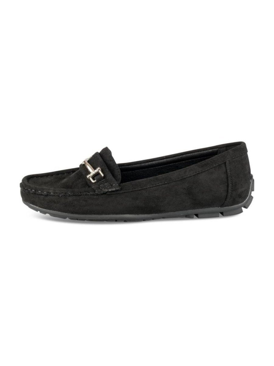 Black faux suede loafers, silver horsebit