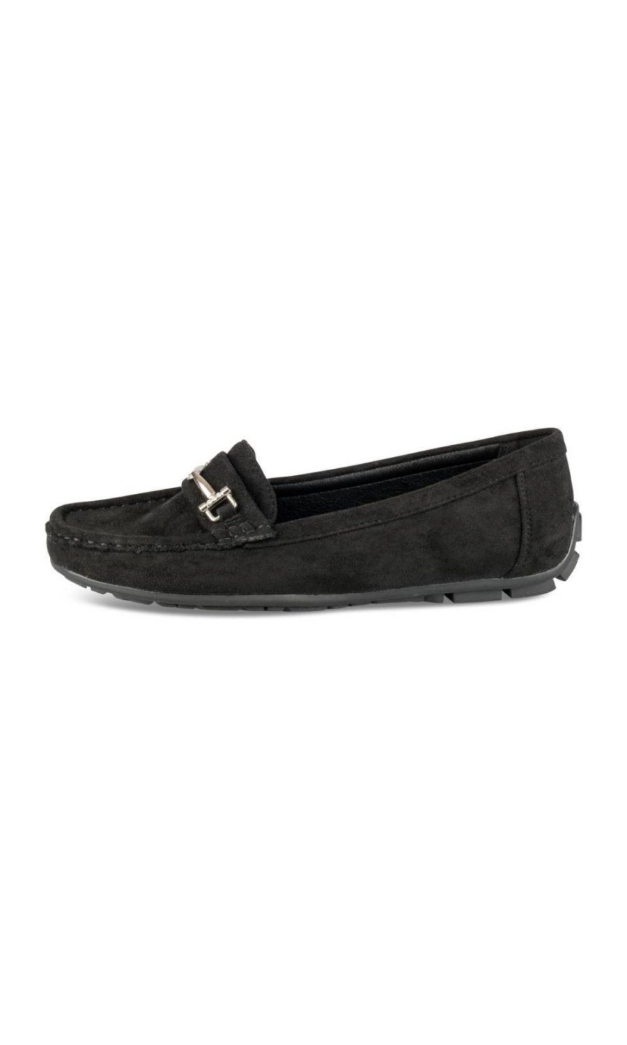 Black faux suede loafers, silver horsebit