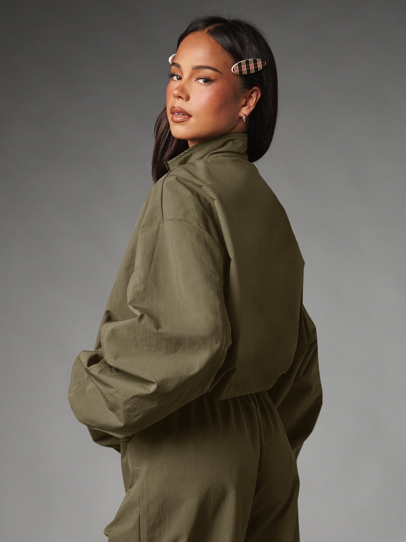 Oversized zip bomber jacket with gathered cuffs