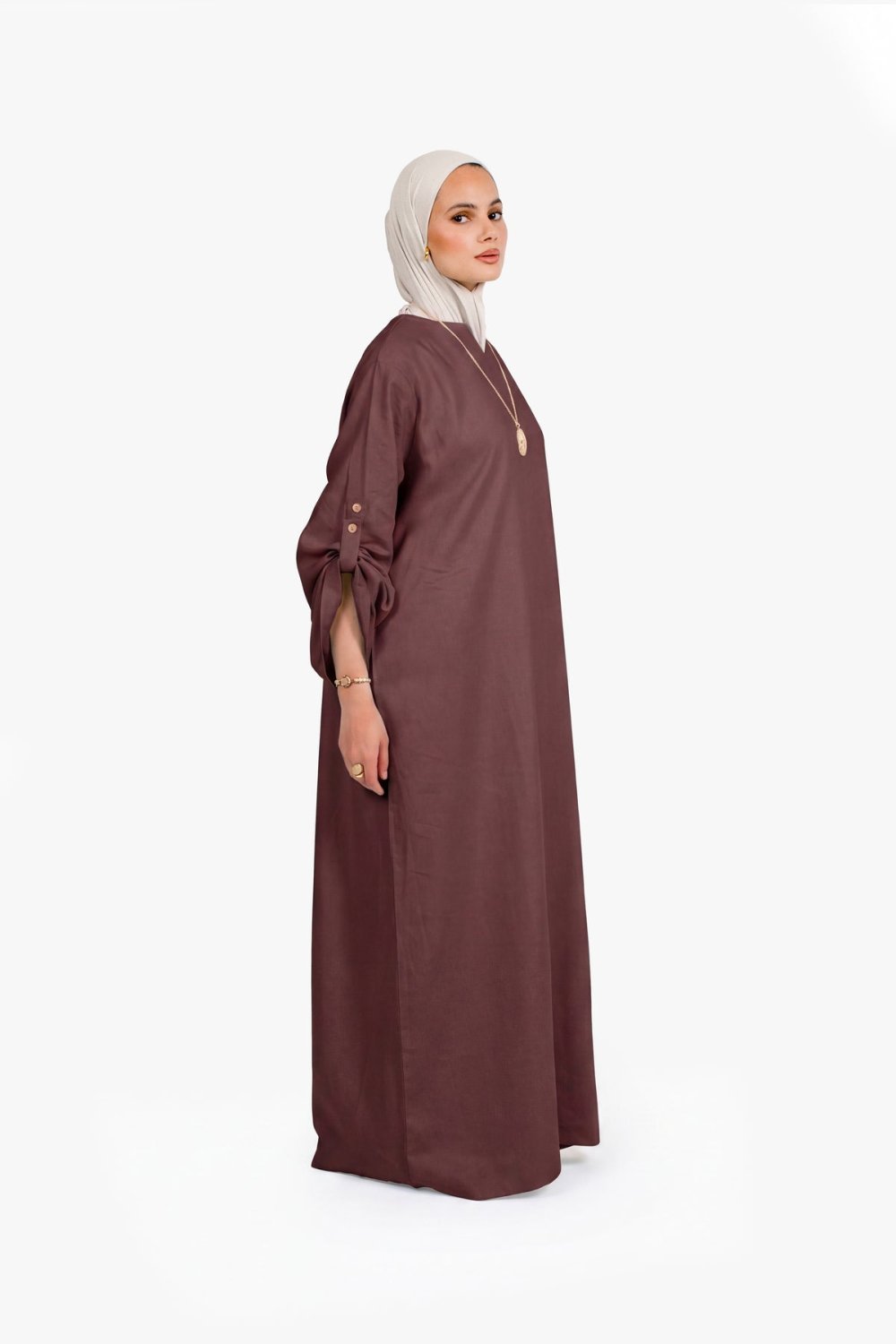 Button-sleeve linen cotton abaya - Chocolate