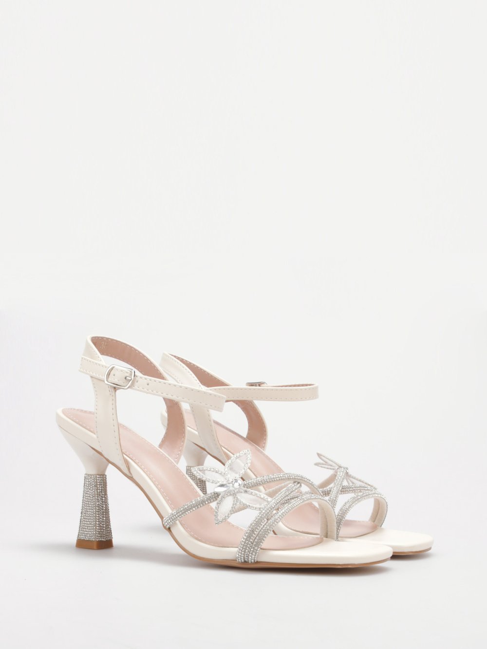 Beige rhinestone butterfly stiletto sandals