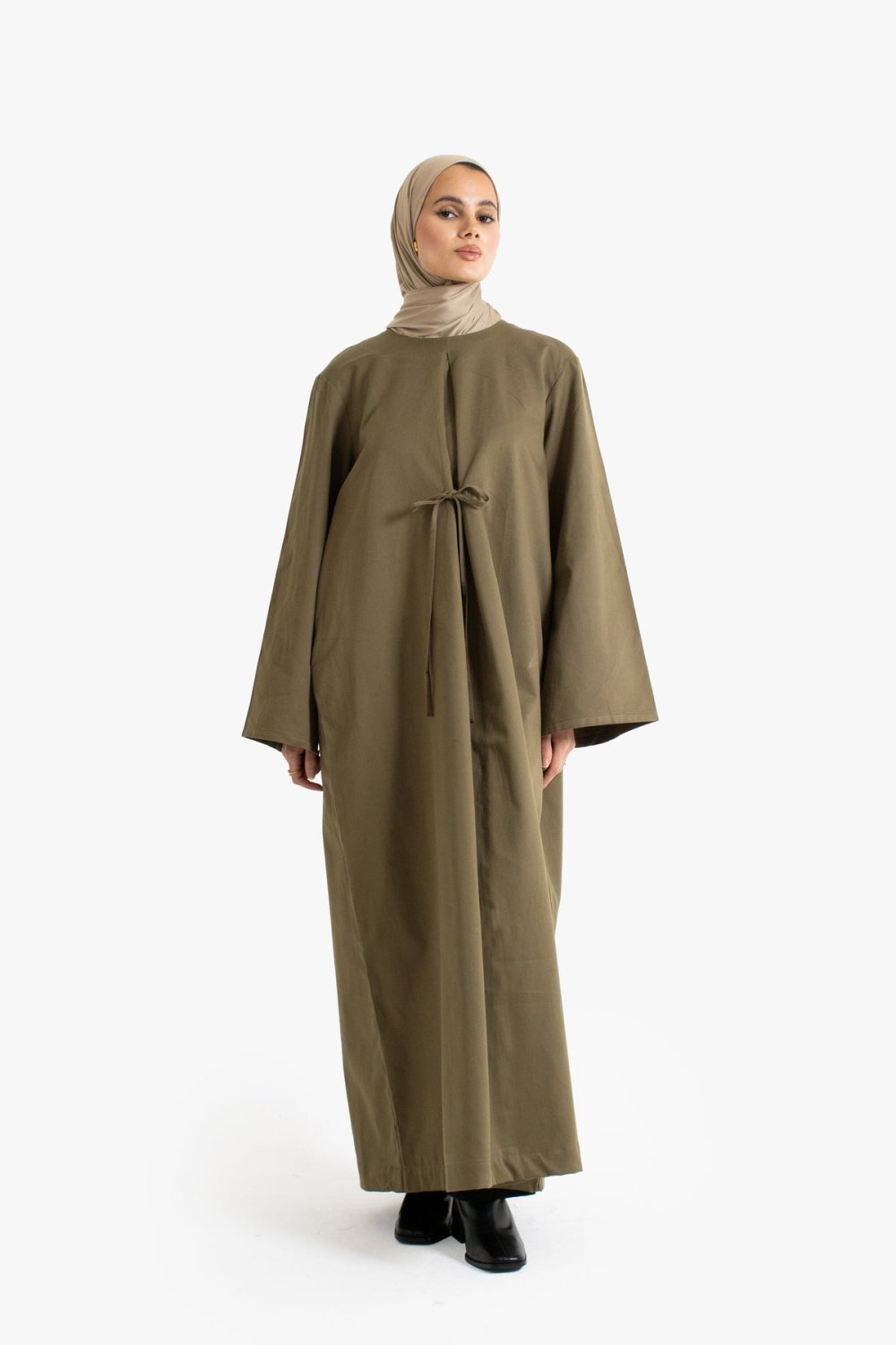 Tie-front cotton twill abaya - Khaki
