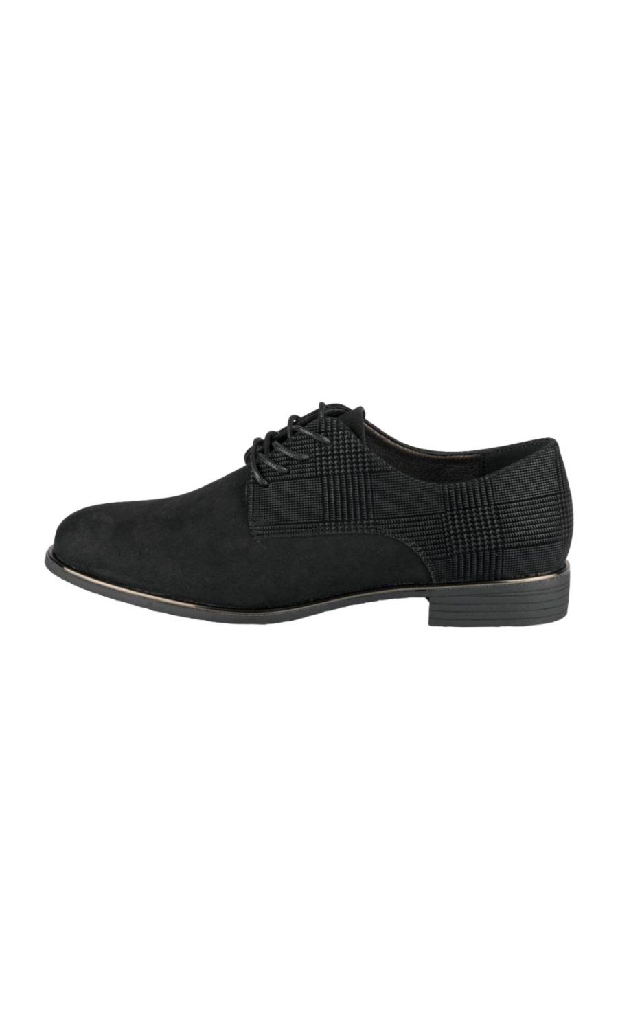 Black faux suede derbies with check panel
