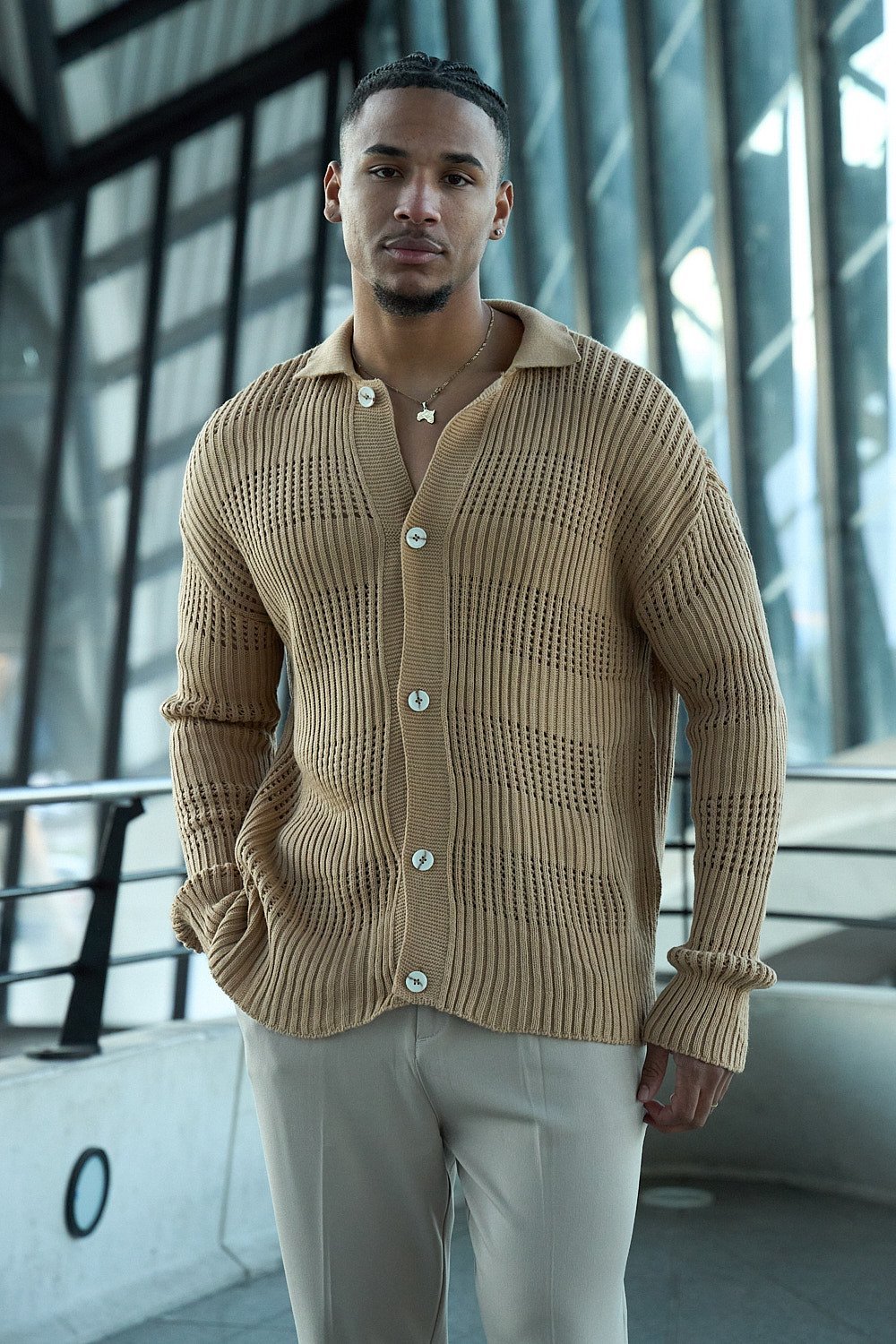 Gilet maille mkhrem b col revers camel