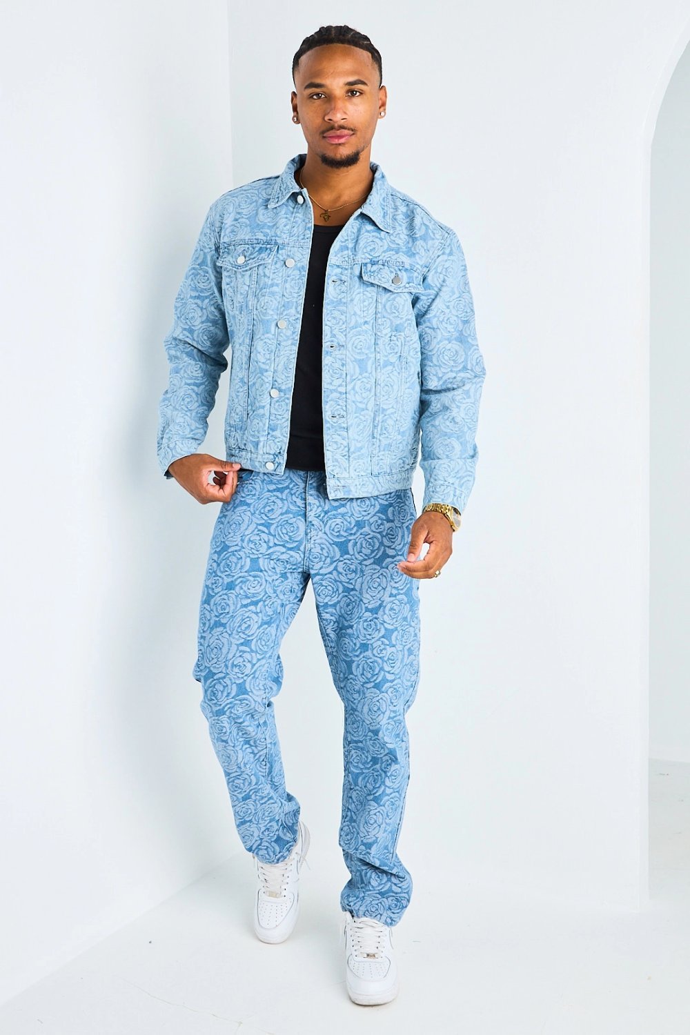 Light blue rose print jacket and jeans set