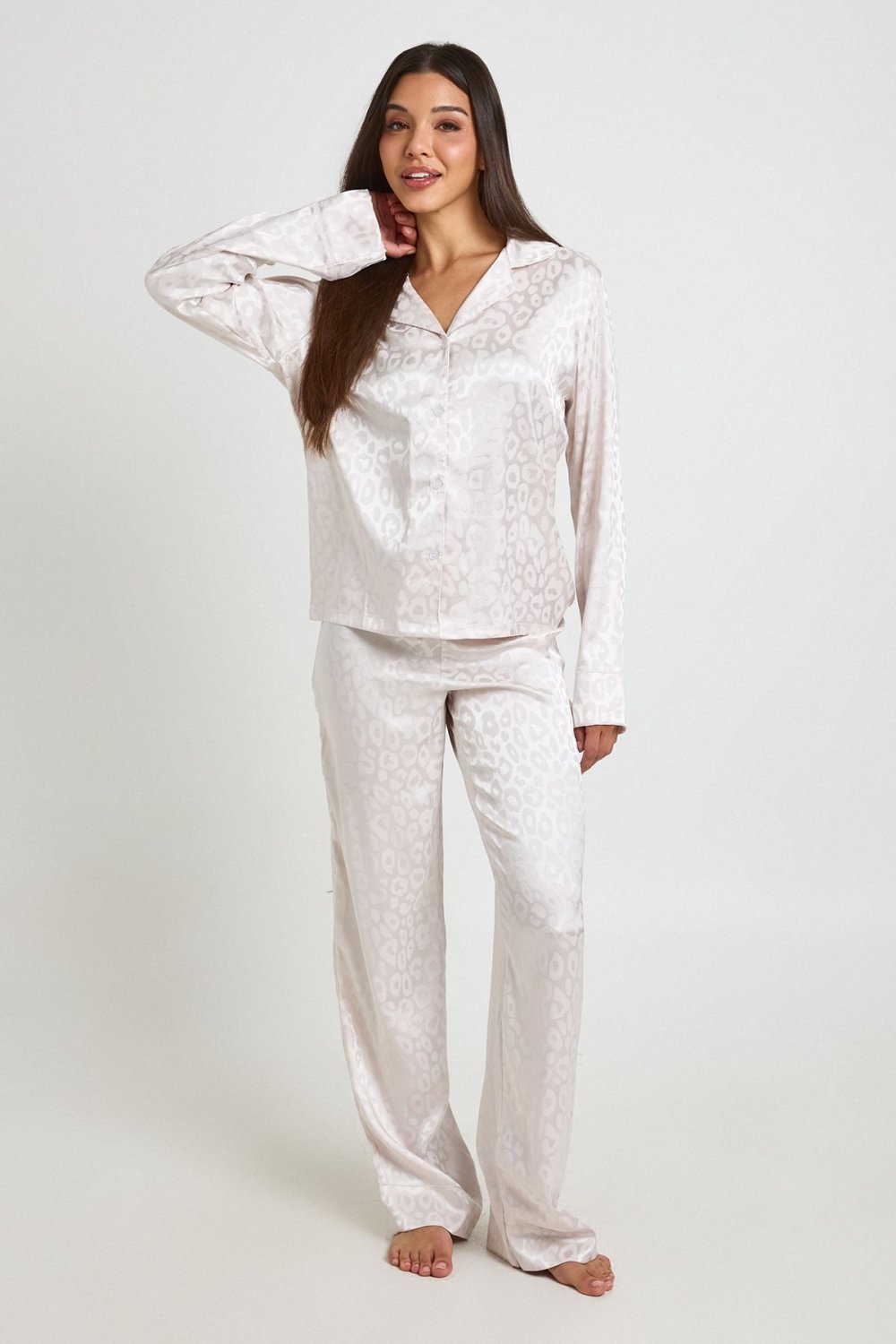 Champagne jacquard satin shirt and trouser pyjama set