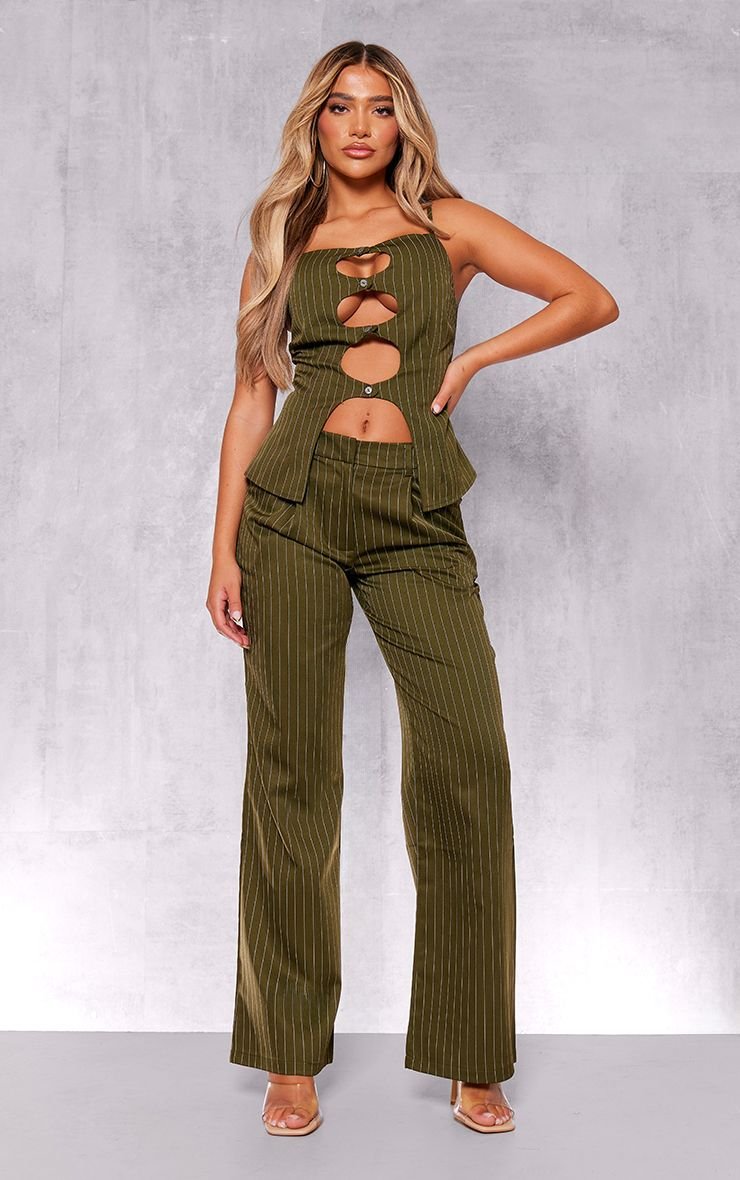 Fitted Pinstripe Cami Top With Cut-Outs And Button Details