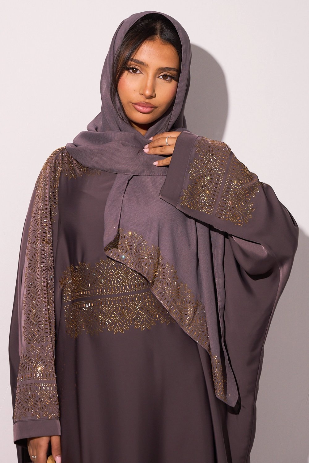 Satin abaya with gold panel and veil
