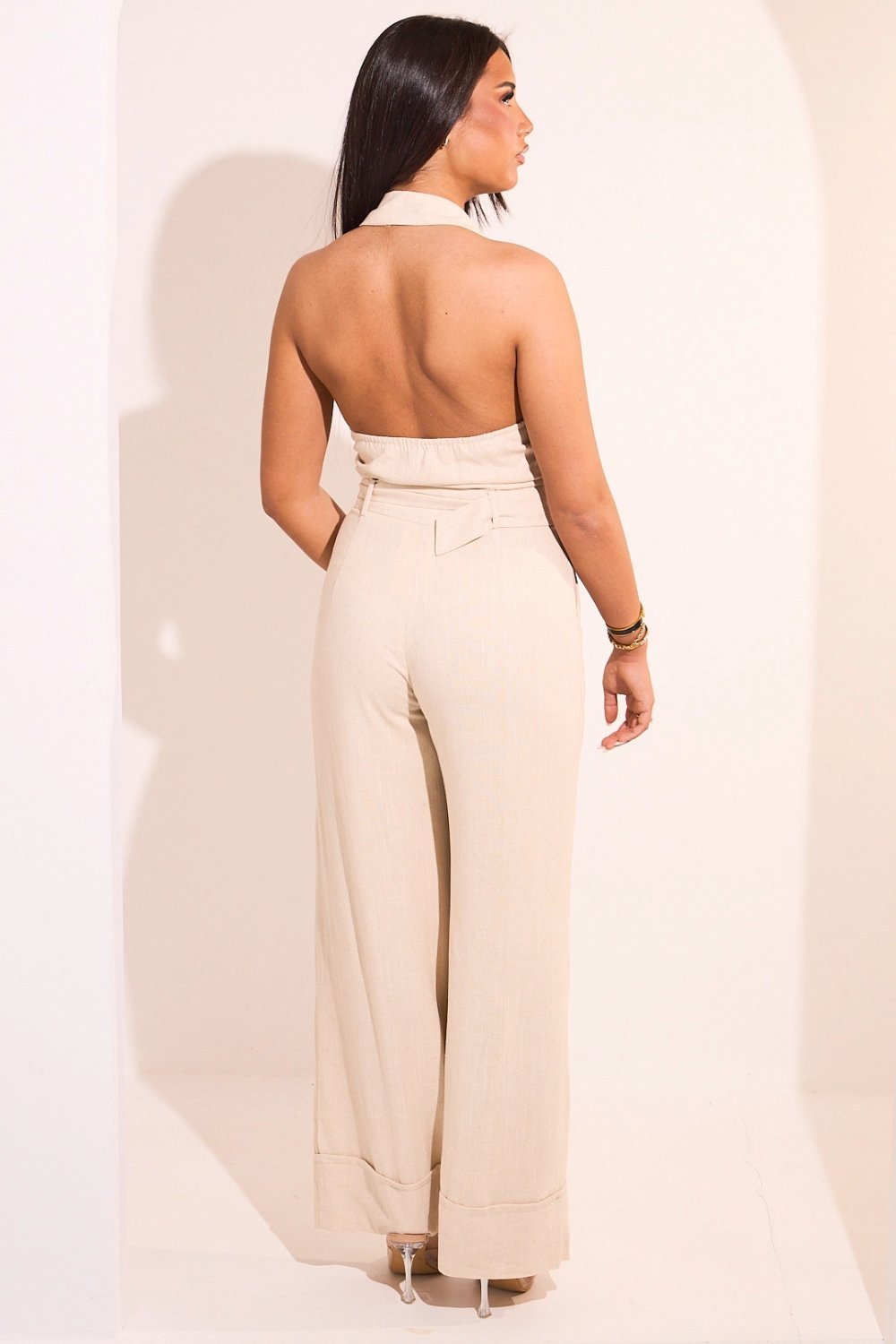 Beige backless linen jumpsuit
