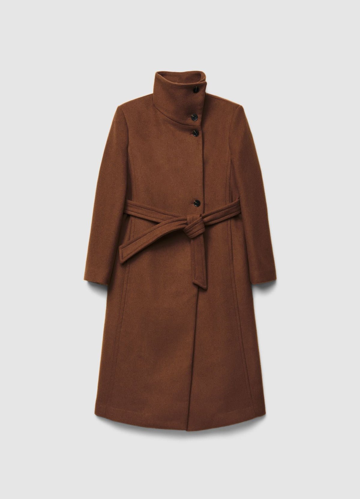 Long high-neck belted coat