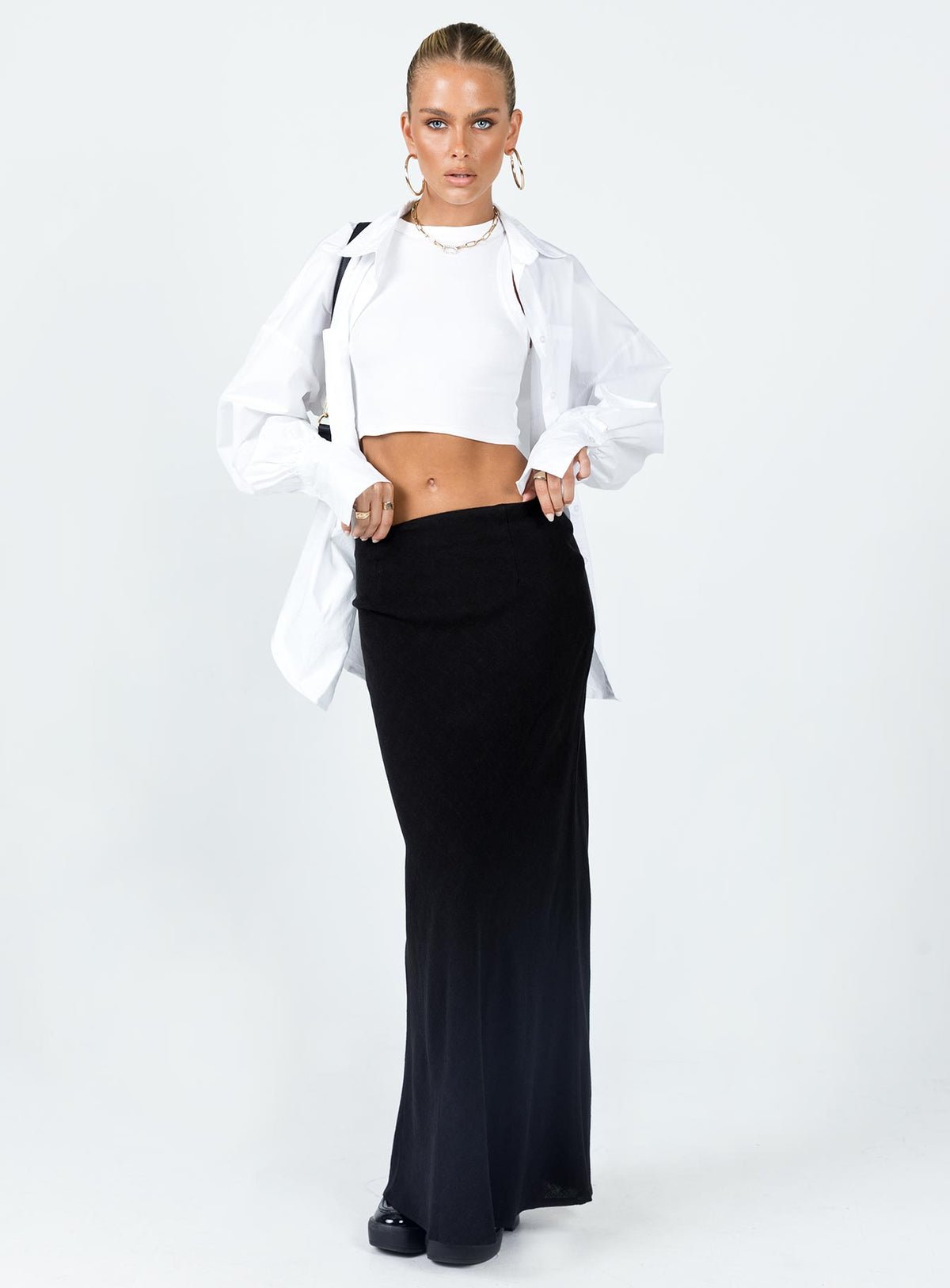 Low-rise linen blend maxi skirt