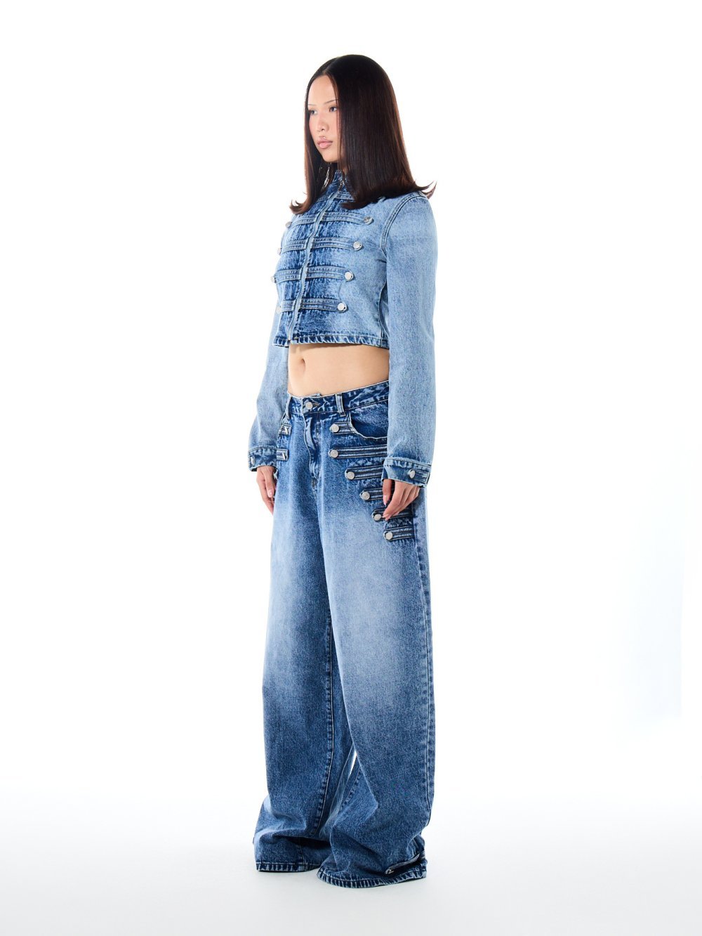Jean cargo taille basse à boutons bleu moyen