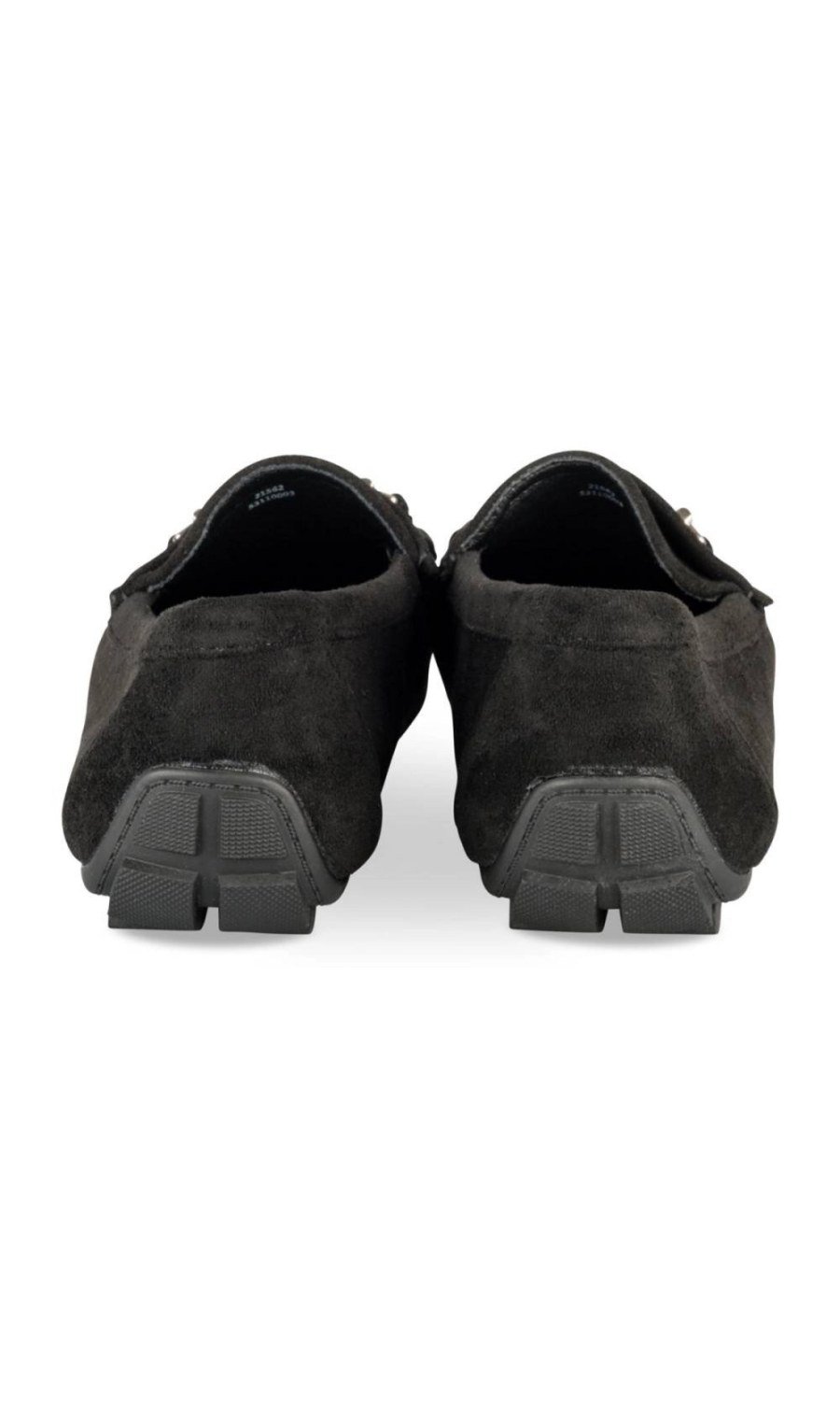 Black faux suede loafers, silver horsebit