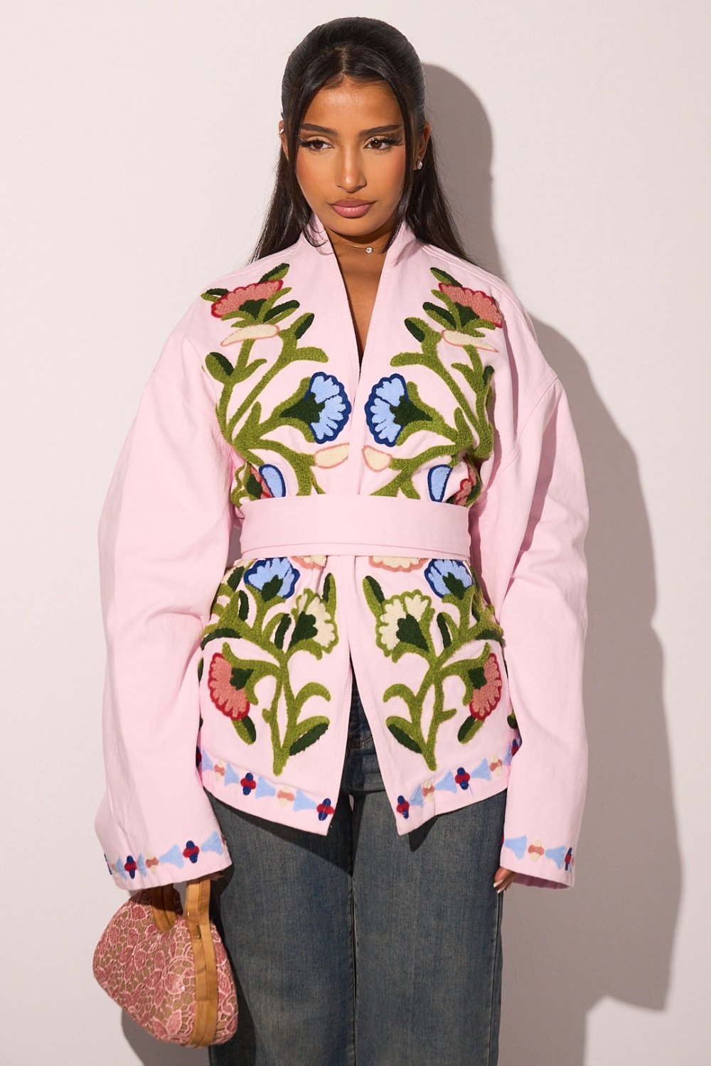 Pink belted kimono jacket with floral embroidery