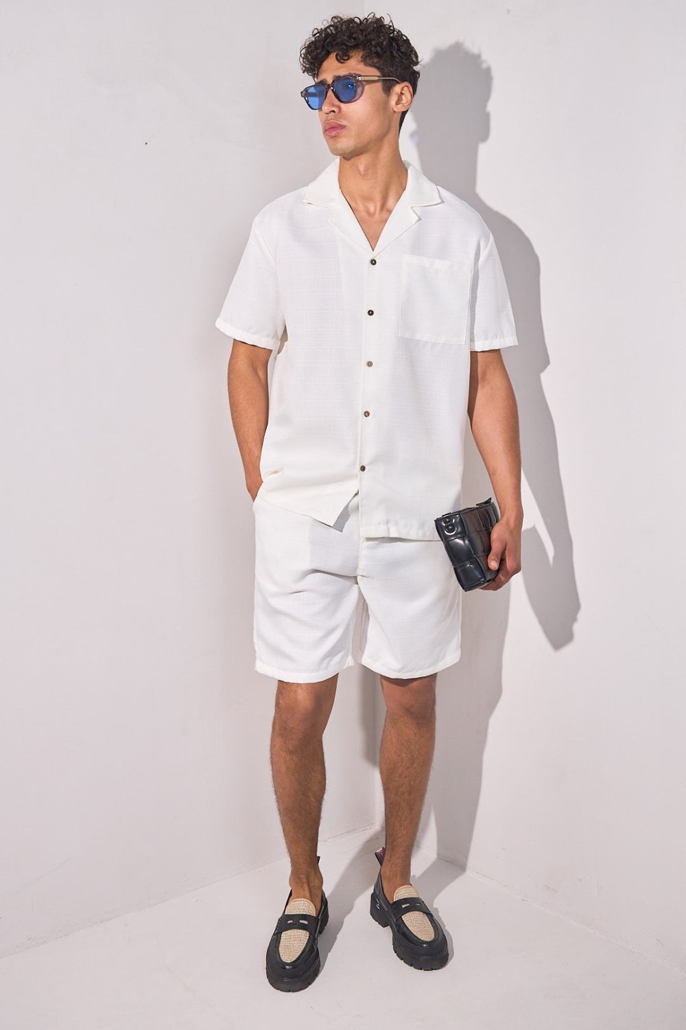White linen-look shirt and shorts set
