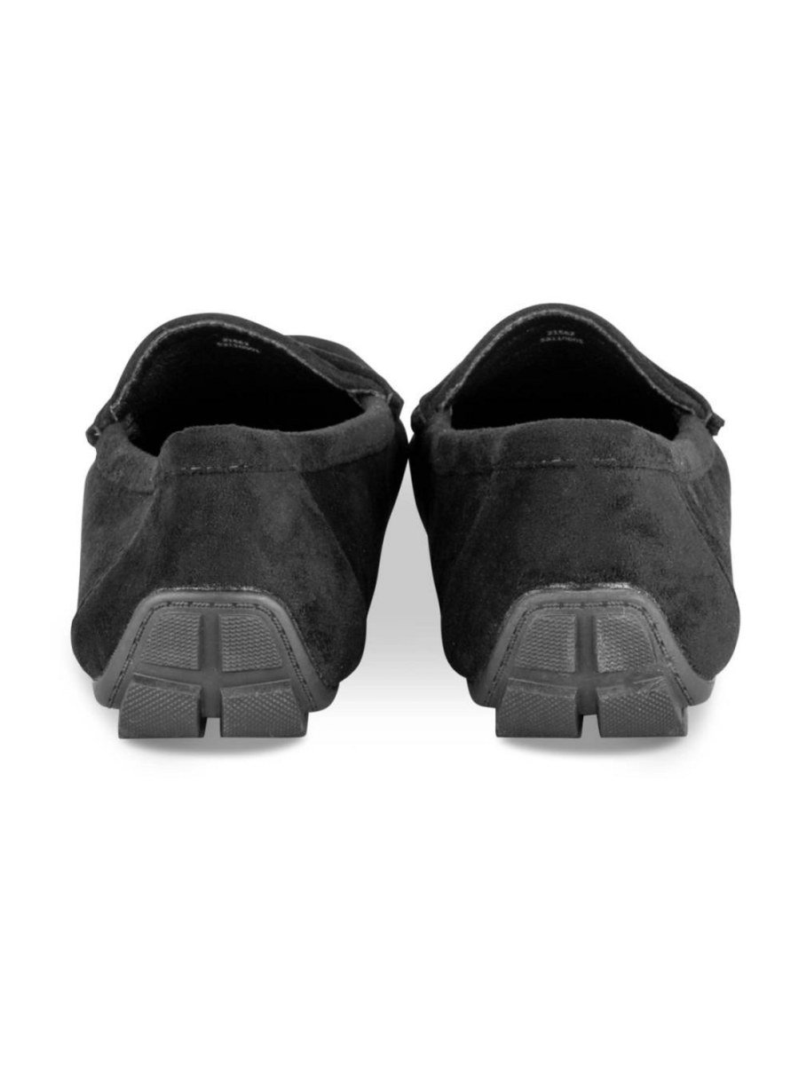 Black faux suede loafers with strap