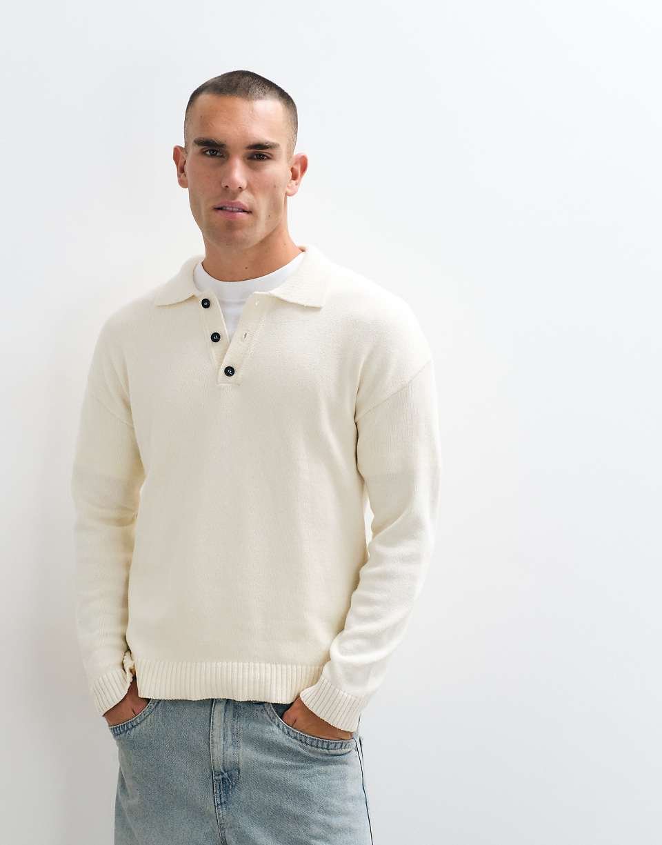 Polo en maille premium à manches longues couleur crème