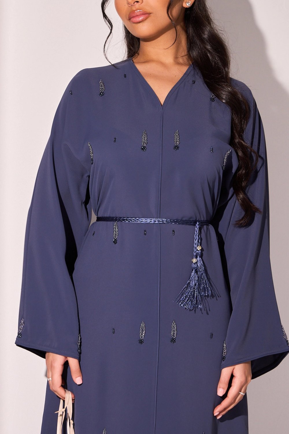 Abaya b strass sboula w nqat bleu foncé