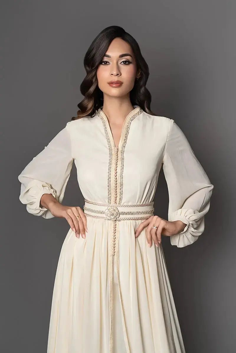 Ivory chiffon caftan with satin trousers