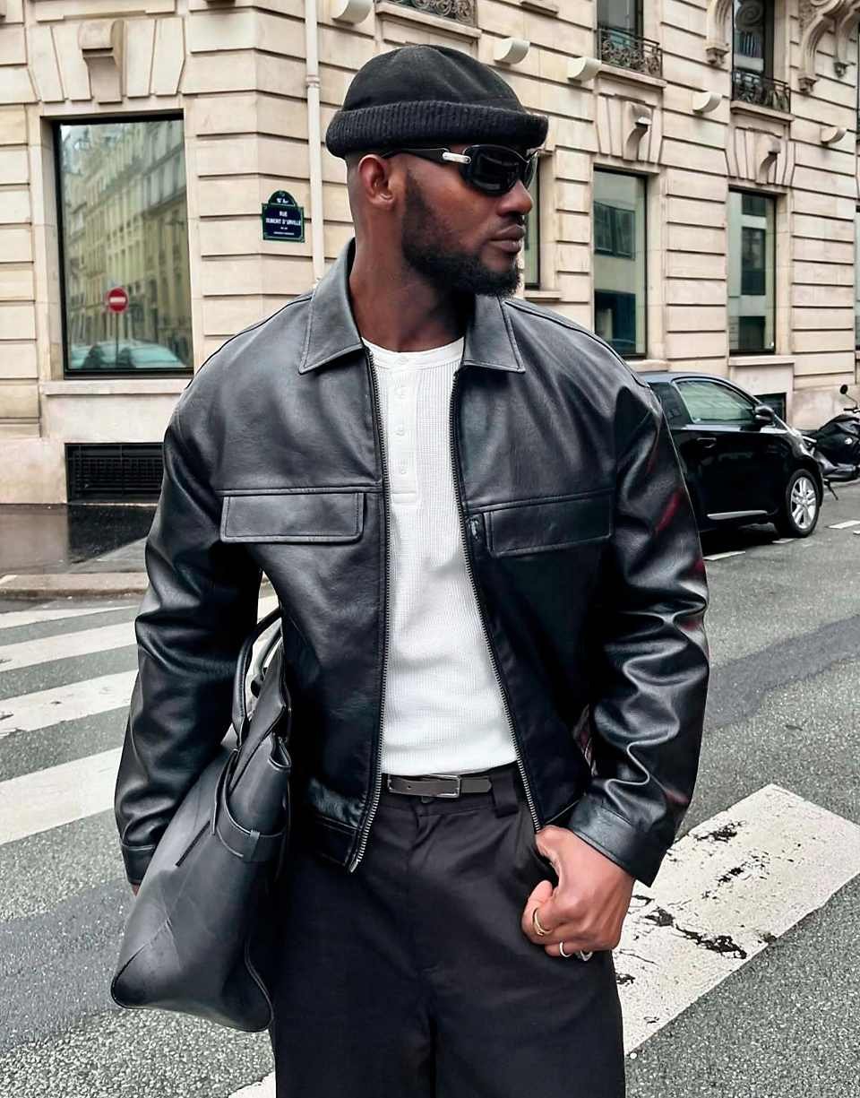 Veste coupe carrée en imitation cuir - Noir