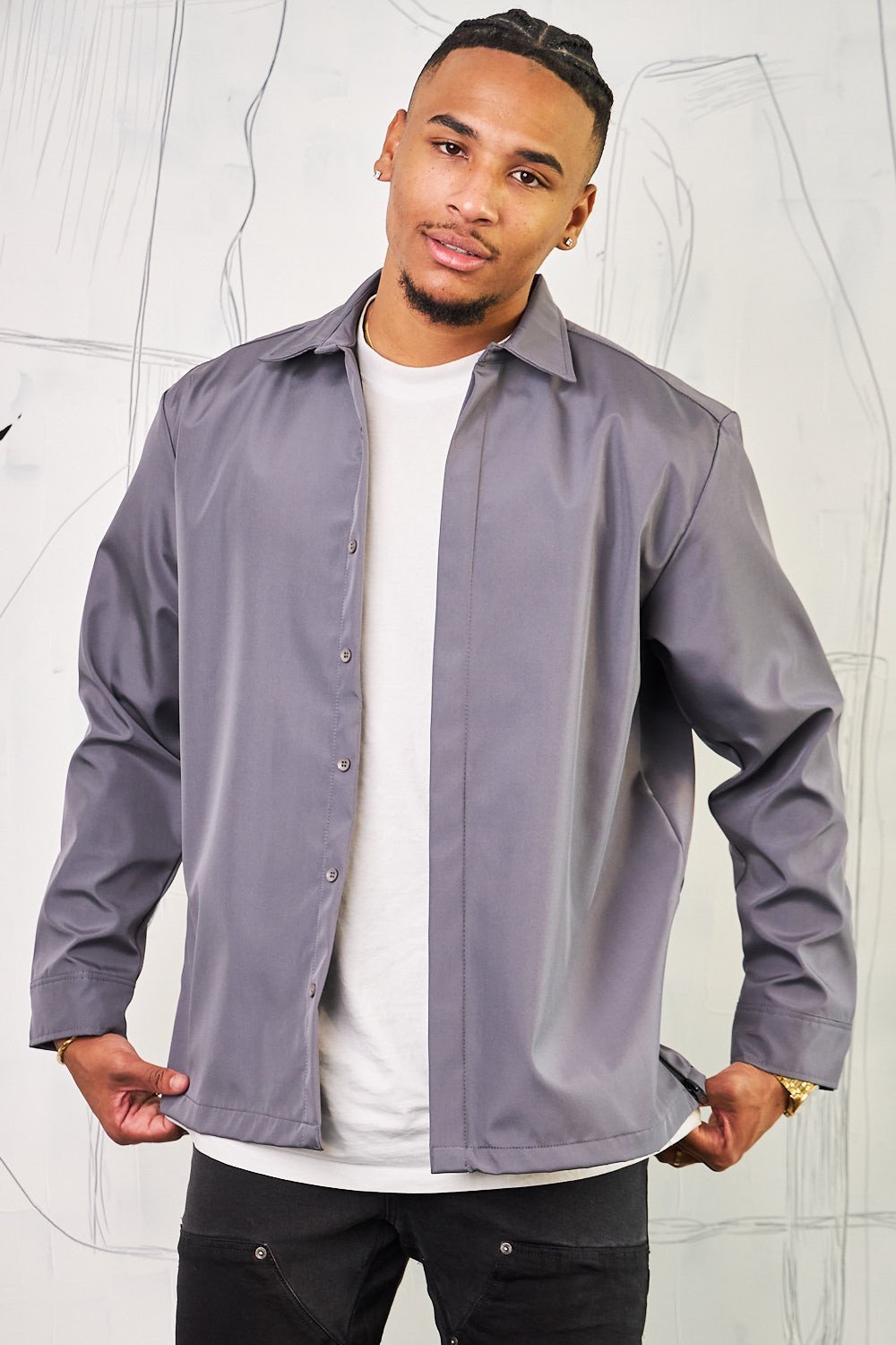 Charcoal loose-fit textured shirt with zips