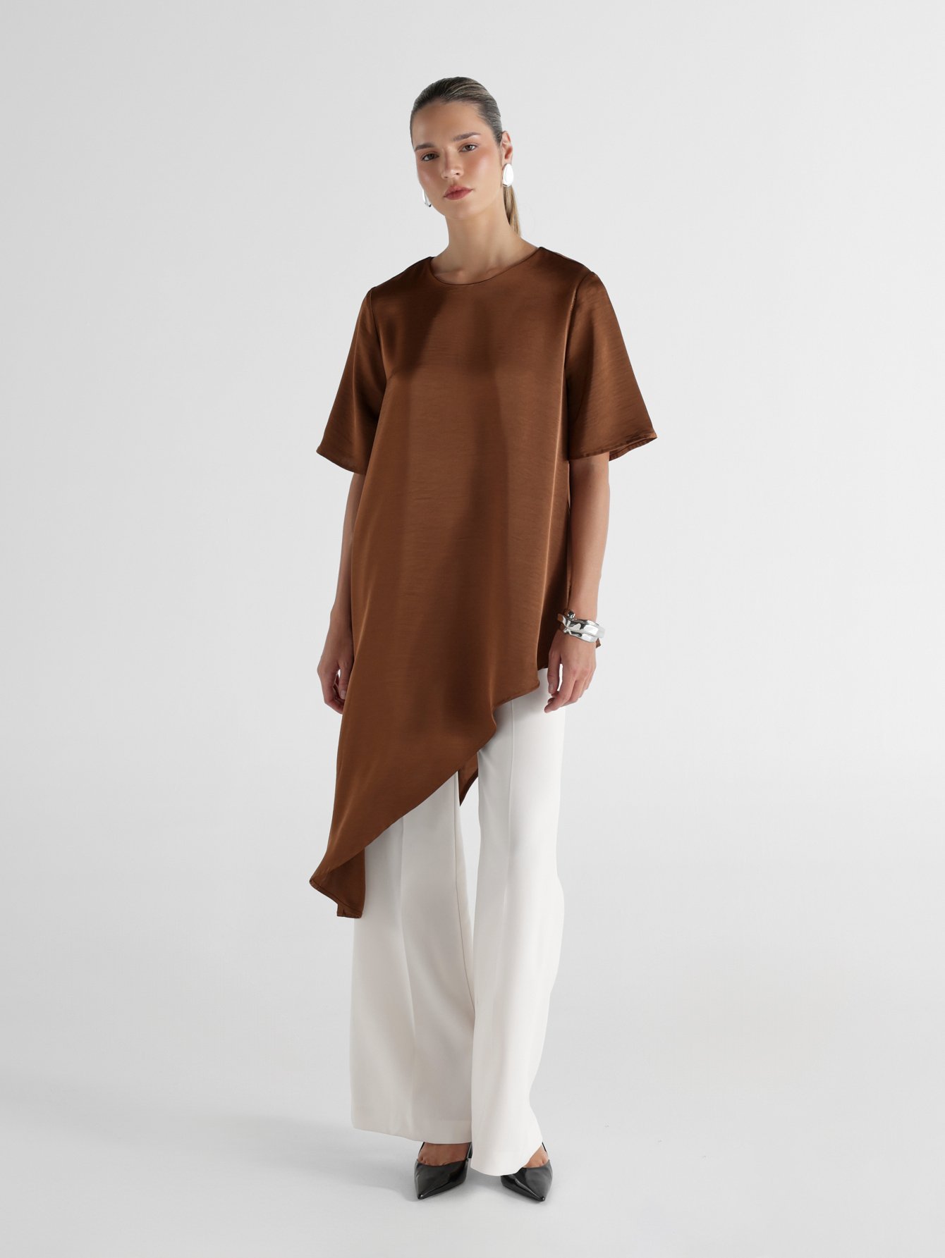 Blouse Tunique Oversize En Satin À Ourlet Asymétrique