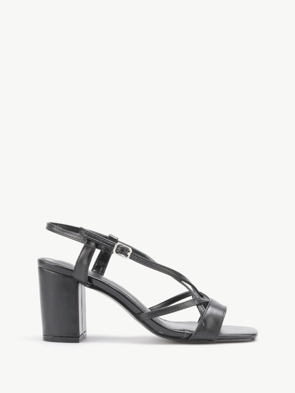 Black square heel sandals with crossover straps