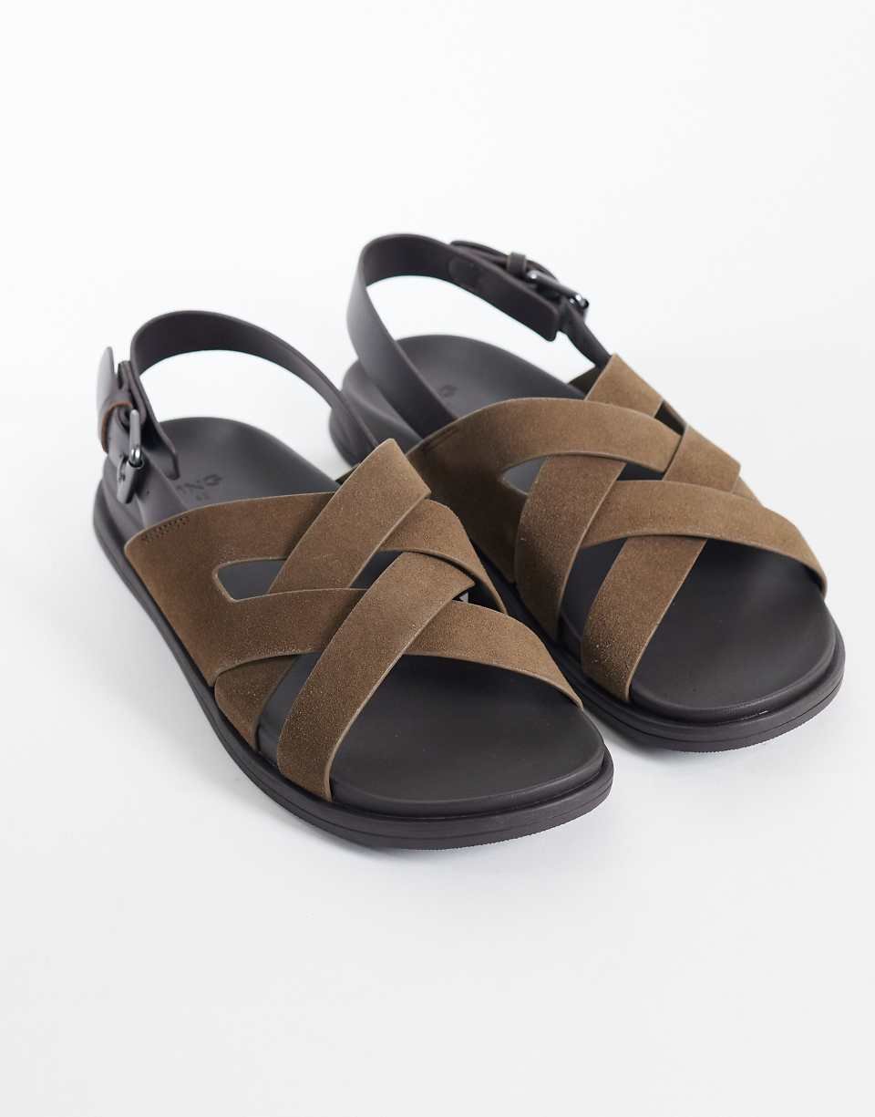 Sandales en cuir véritable avec brides croisées - Marron