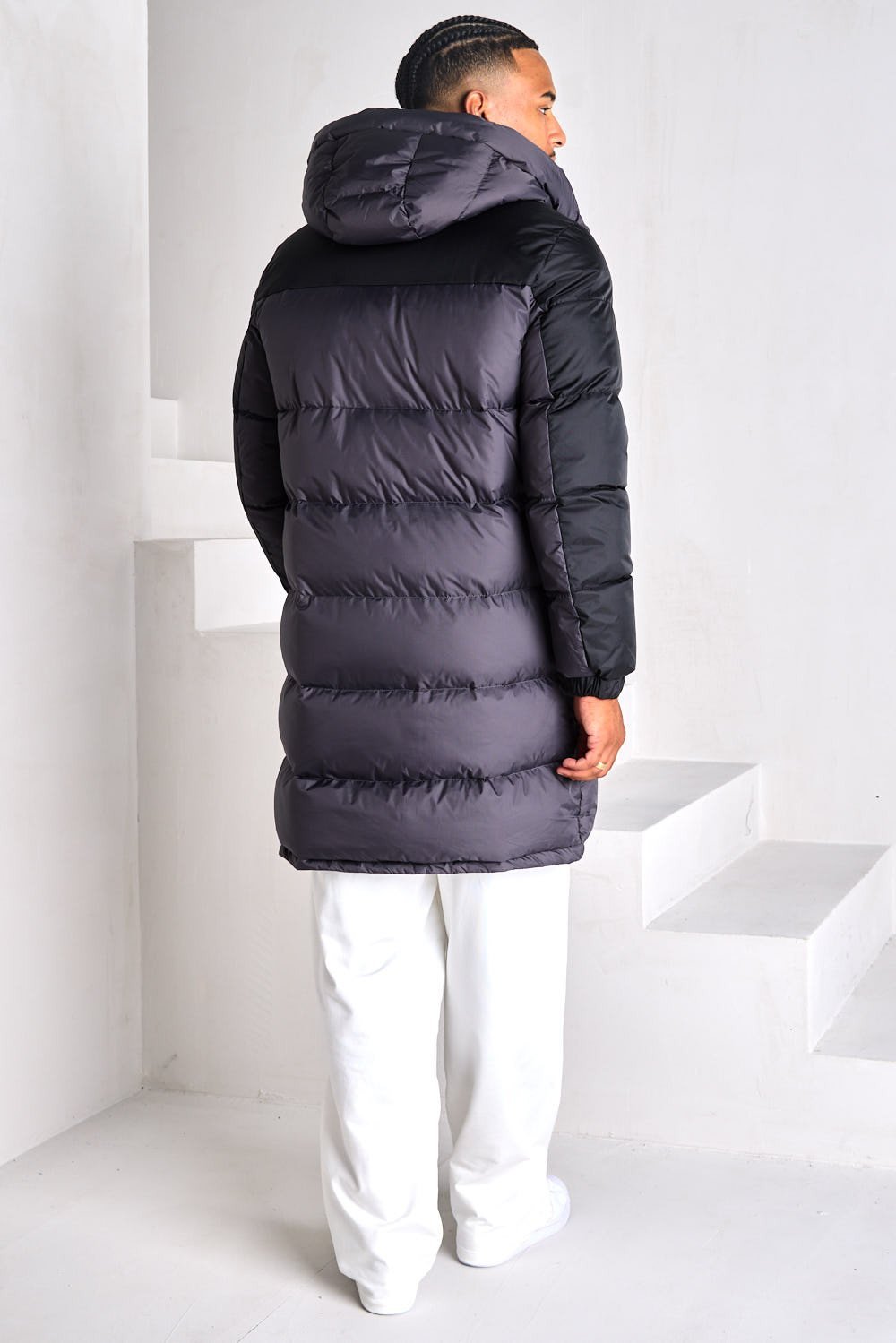 Black long waterproof hooded puffer jacket