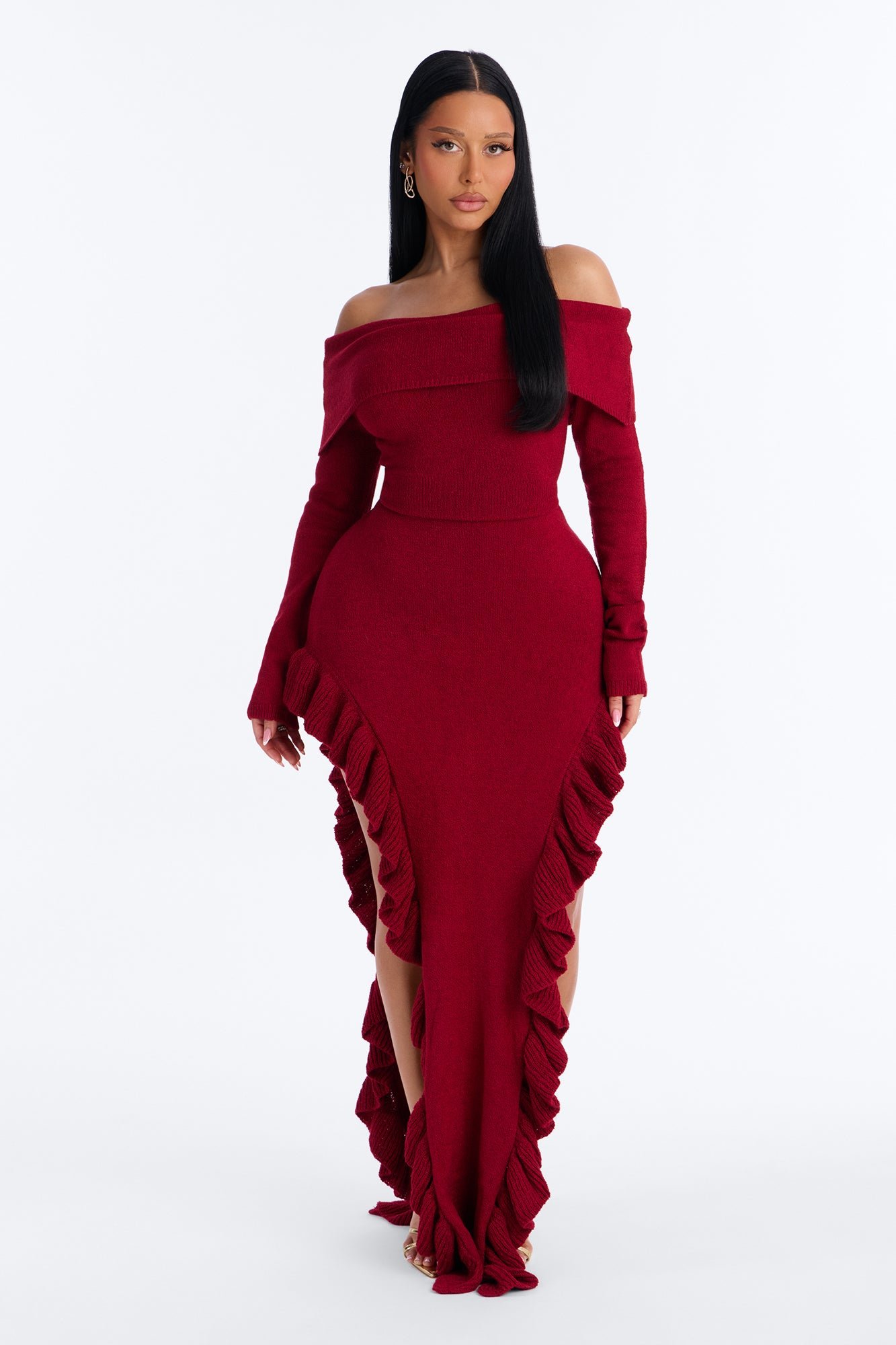 Robe longue en maille épaules dénudées