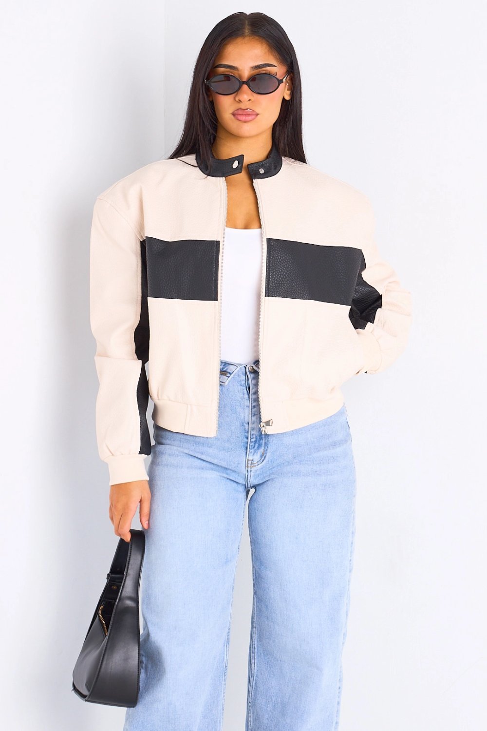 Veste bicolore en simili cuir beige