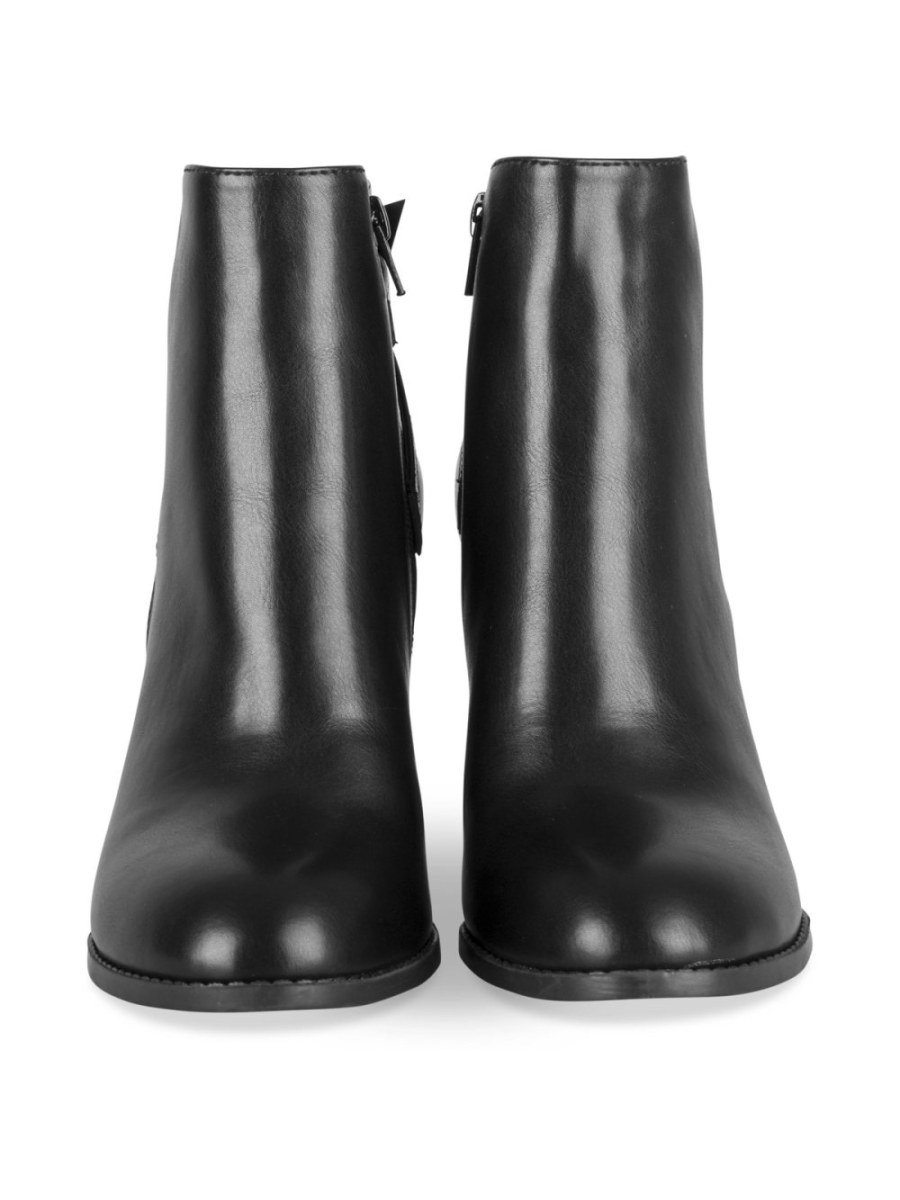 Black block-heel boots with crossed straps