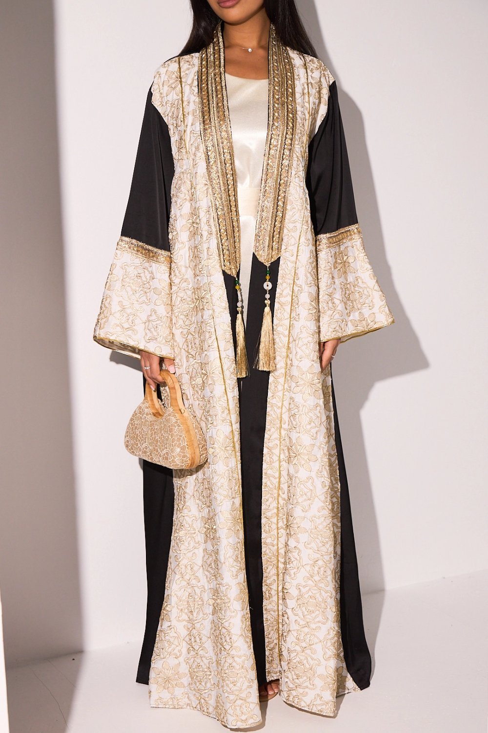 Satin abaya and black gold-trim kimono set