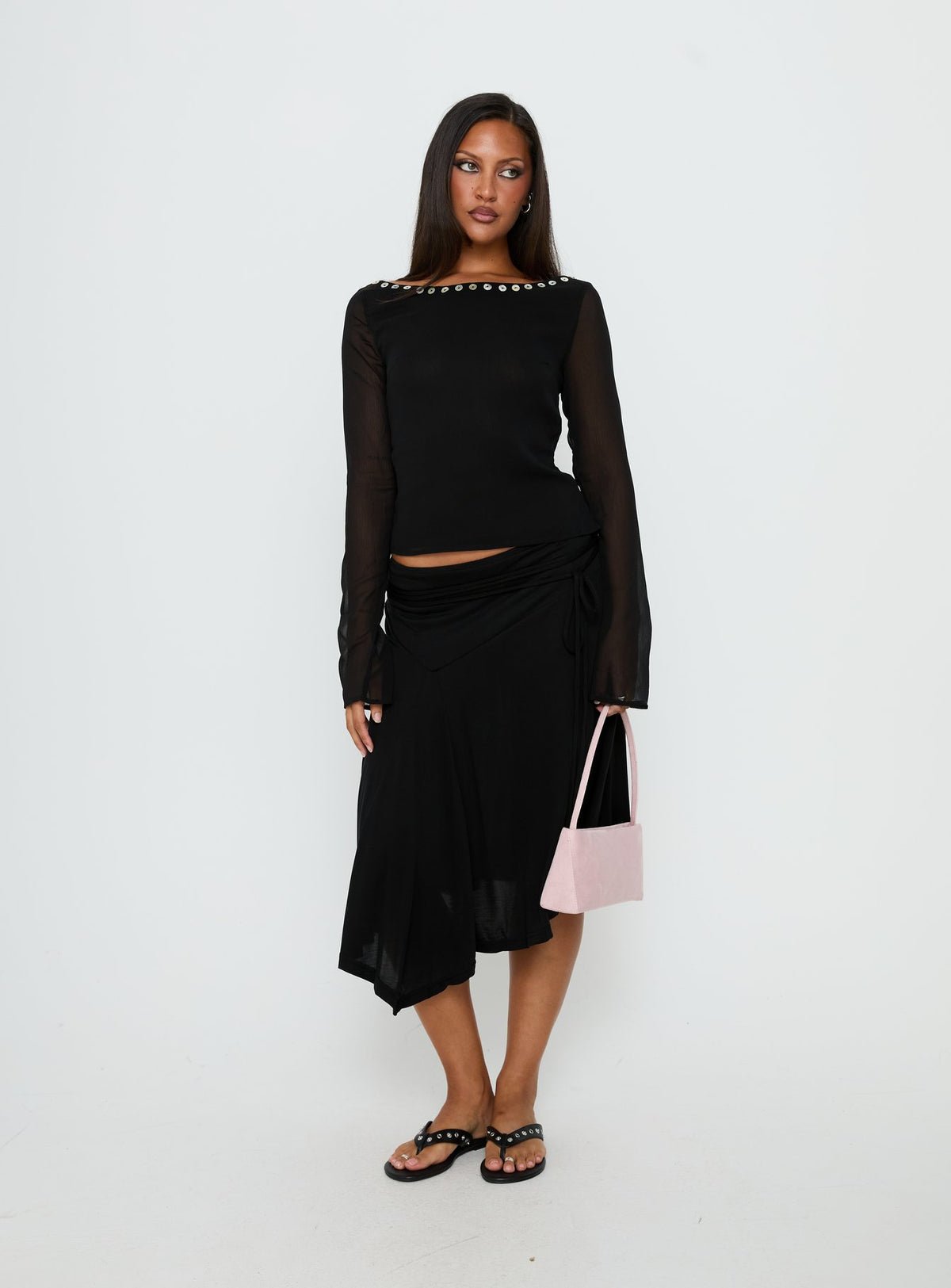 Tie-side jersey midi skirt