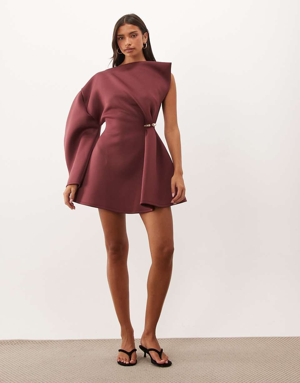 One-shoulder mini dress with gold trims - Burgundy