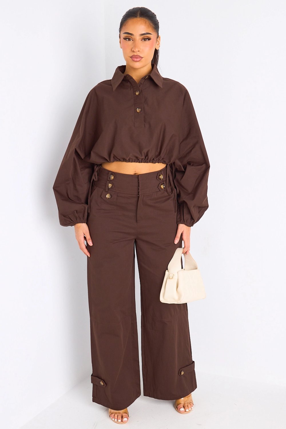 Ensemble chemise mzayra w pantalon qahwi