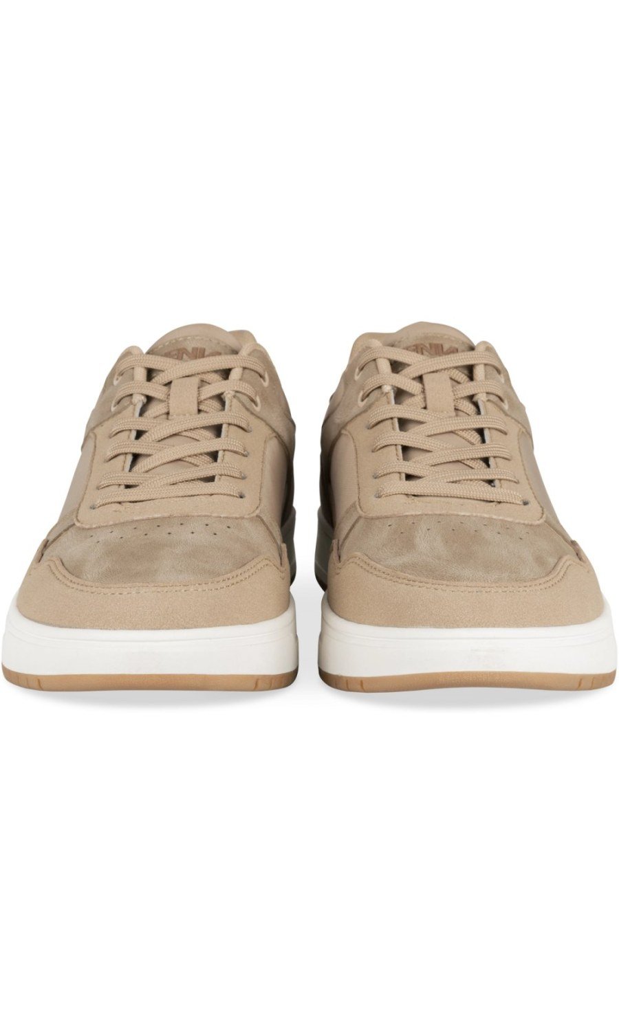 Beige suede-effect mixed-material trainers